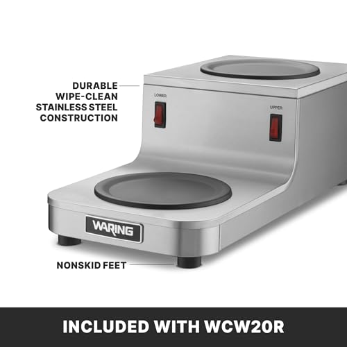 Image of Waring Commercial WCW20R Cafe Deco Double Coffee Carafe Warmer, Step Up Style, 120V, 5-15 Phase Plug | Double Step Up Burner, 70W Self-Regulating Heat Control, Stainless Steel Construction, NSF Certified for Restaurants & Cafes