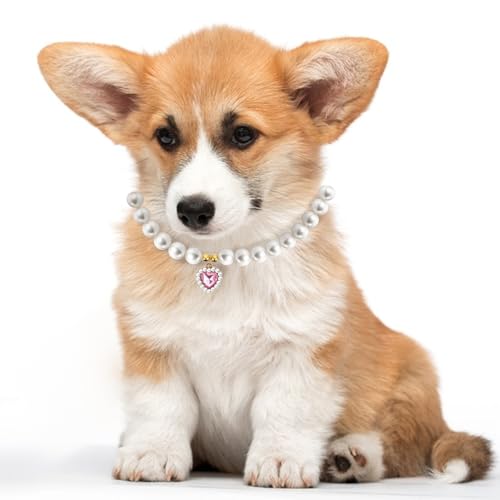 Qianyu 2 Stück Perlenhalsband für Katzen und Hunde Herzförmig Schmuck Haustier Halskette Verstellbarer Umhängegurt Ausgefallene Hochzeit Geburtstagsparty Haustier-Kleid Zubehör Halsband