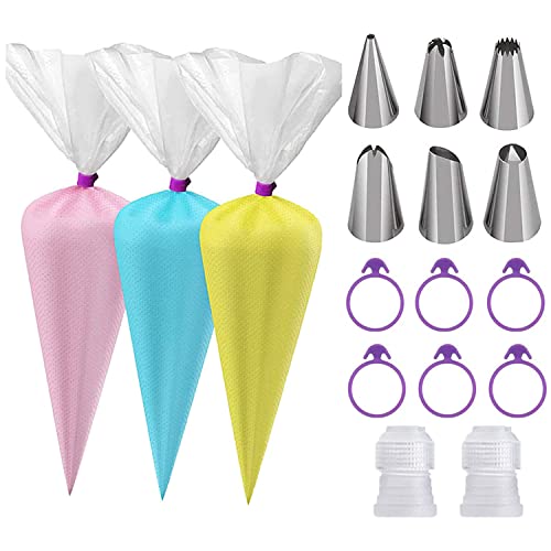 114pcs Piping Bags and Tips Set, 12-inch 100 Pack Disposable Piping Bags with 6 icing Bag Ties/6 icing Tips/2 Standard Couplers, Cake Decorating Bags for Cookies Cupcake Baking Royal icing Frosting