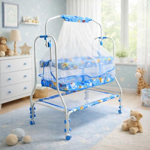 Image of BUBBLEBABY Baby Cradle | Jhula | Baggi | Palna | Ghodiyu | Ventilated | with Swing & Mosquito Net | 0-12 Months | Four Wheels with Brake | Storage | Polypropylene | Safe & Sturdy | Foldable | Blue