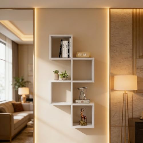 Image of Aura Multipurpose Modular Wall Racks /Shelves /Organiser /Decor Particle Board Wall Shelf (Number of Shelves - 7, White)