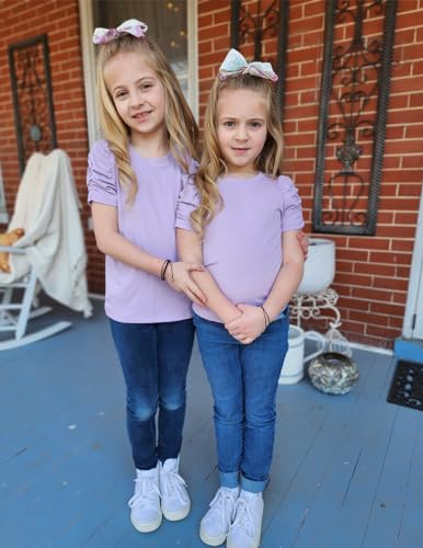 Image of Arshiner Girls Puff Short Sleeve Shirts Summer Ribbed Knit Crewneck T Shirt Tops Tee Blouse