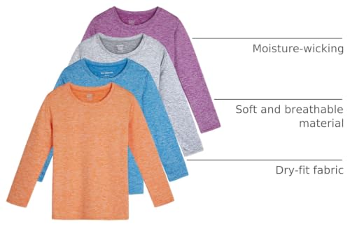 Image of Real Essentials 4 Pack: Girls' Dry-Fit Long Sleeve Crew Neck T-Shirt - Athletic Activewear Soccer Top for Teens Kids Youth