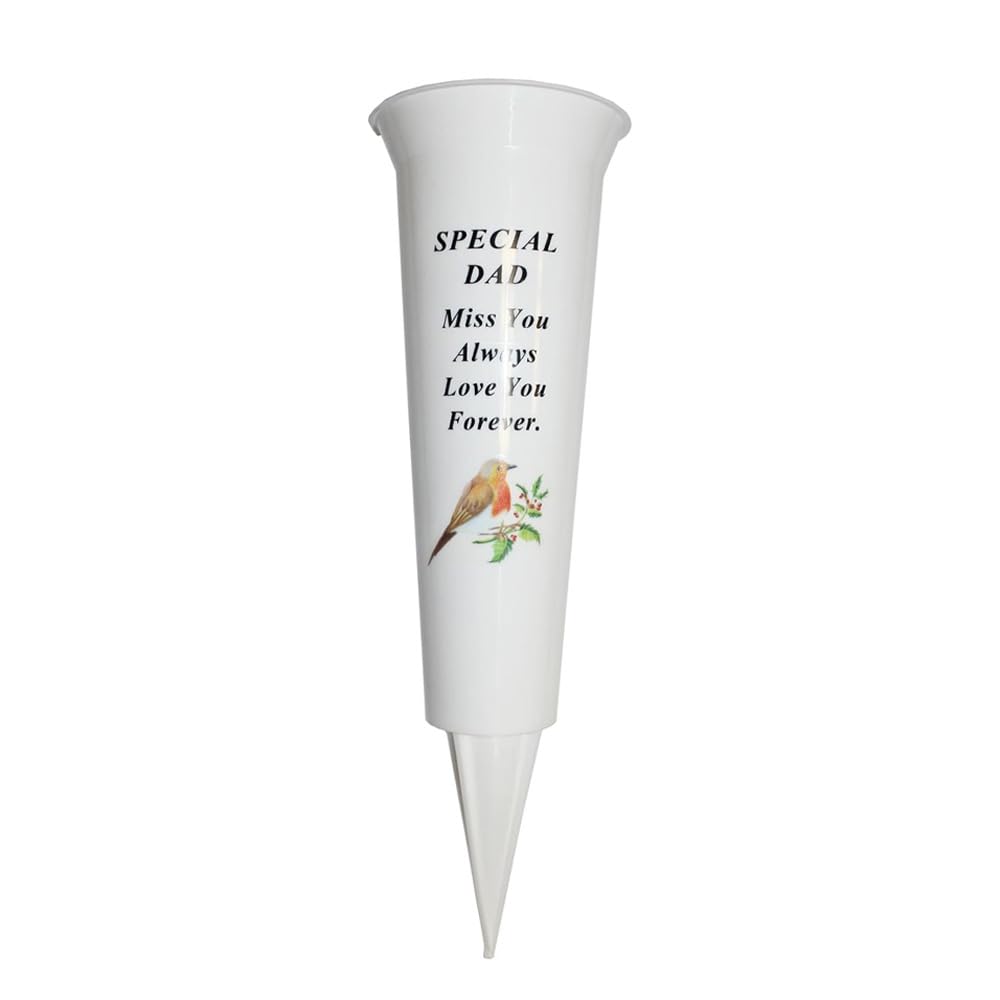 Plastic Flower Holders/Memorial Grave Vases Ornaments - Spike Flower Grave Vases for Grave Decoration with Engraved Funeral Verses for Your Loved Ones - With White Spike and Robin Image (Dad)