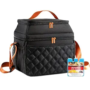 BAGSPRITE Large Lunch Bag for Women Men, Double Deck Lunch Box with Ice Pack, Insulated Lunch Bag Women for Work, Leakproof Cooler Tote Bags, Thermal Kids Lunch Box for School,Black