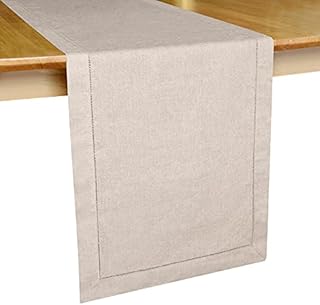 MingHing White Linen Hemstitch Table Runner, Machine Washable, Handcrafted Dresser Scarf with Mitered Corners - 40x228cm