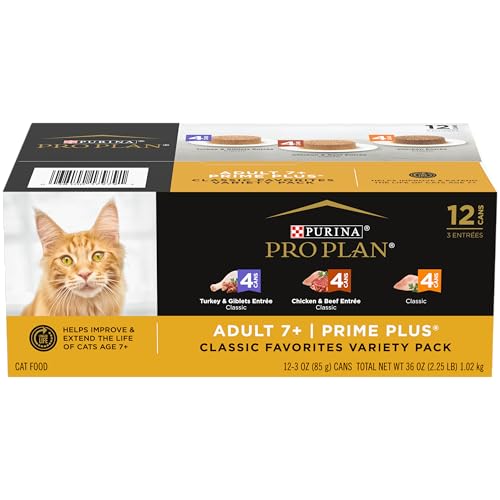 Purina Pro Plan Grain Free Senior Wet Cat Food Variety Pack Pate , SENIOR Poultry & Beef Favorites - (2 Packs of 12) 3 oz. Cans
