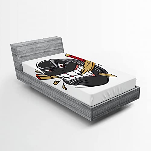 Ambesonne Hockey 2 Pack Fitted Sheet, Cartoon Puck Bites Stick, Bed Cover All-Round Elastic Deep Pockets 2 Pieces, Package Contains 2 Twin Size Fitted Sheets, Black Beige
