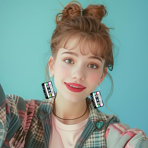 70s 80s 90s Earrings for Women Retro Cassette Tape Earrings Acrylic Radio Tape Drop Dangle Earring for Halloween Cosplay Glow Party Music Festival Costume Accessories3