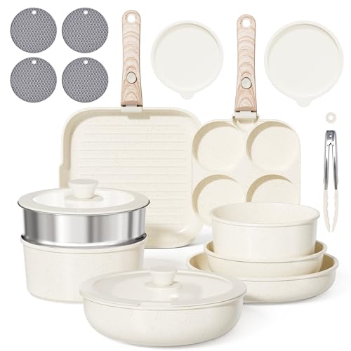RIOVARM Induzione Set di pentole e padelle con manici staccabili, Antiaderente Padelle grill, Impilabile Casseruole con coperchi, Padella per omelette Senza PFOA, per tutti i tipi di fornelli