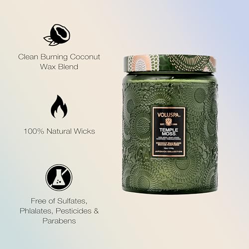 Image of Voluspa Temple Moss, Large Candle Jar, 18oz, Coconut Wax Blend, Scented Candles for Home, 100 Hour Burn Time, Handcrafted in the USA