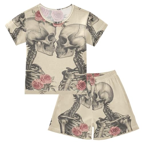 ALAZA Romantic Skeleton and Roses Pajama Set Short Sleeve Sleepwear Soft Lounge Nightwear