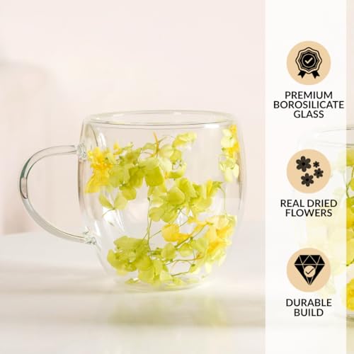 Image of Nestasia Double Wall Glass Mug with Dried Flowers Set of 2 (250ml Each) - Transparent Borosilicate Floral Glass Tea Cups | Lightweight & Durable Coffee Mugs - Perfect for Gifting (Yellow)