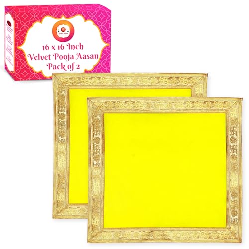 Image of Bhakti Lehar (16 x 16 Inch) Plain Yellow Velvet Pooja Aasan for God Idol /Chowki Aasan Kapda Cloth for Temple Shelf Home Mandir, Ganesh Baithak and God Idol Sitting - Pack of 2