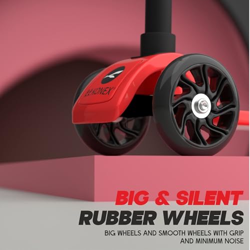 Image of Konex Kick Scooter for Kids (2+ Years) | 3 Broad Rubber Wheels for Smooth Ride | 4-Level Height Adjustable Handle | Foldable & Portable with Back Brake | Holds Up to 40 kg (Red-Black)