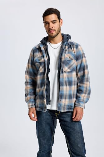 Image of TanBridge Men's Cotton Plaid Shirts Jacket Full Zip Fleece Flannel Sherpa Lined Hoodies Heavyweight Hoodies Jacket for Men