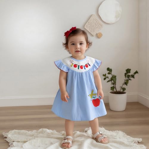 1-5Y Toddler Baby Girl First Day of The School Dress Smocked Apple Pencil Embroidery Stripe Dresses Kindergarten Clothes2