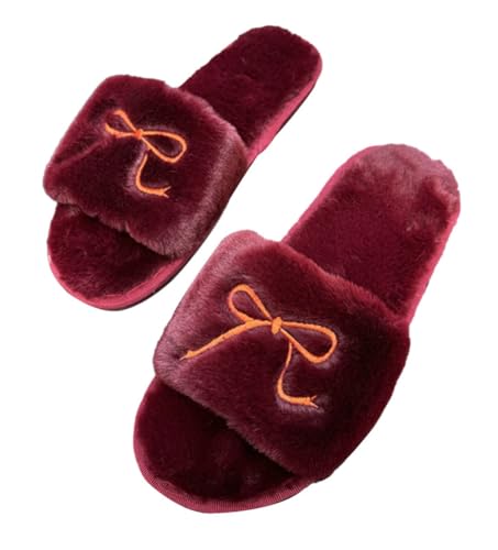 Furry Bow Knot Slippers for Women Open Toe Warm Fleece Lined Winter Slippers House Shoes Indoor Outdoor