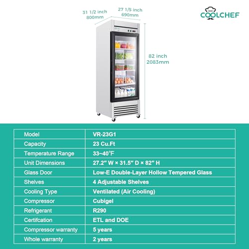 COOLCHEF 27" Commercial Glass Door Refrigerator, 23 Cu.Ft Single Door Reach-In Cooler, 33-40℉, Low-E Tempered Double Glass, 4 Shelves, R290 - Image 3