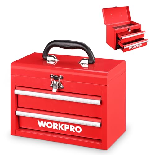 WORKPRO Boîte à Outils Métallique Portable à 2 Tiroirs, Mini Coffret avec Compartiment Supérieur, Glissières à Roulement à Billes, Poignée...