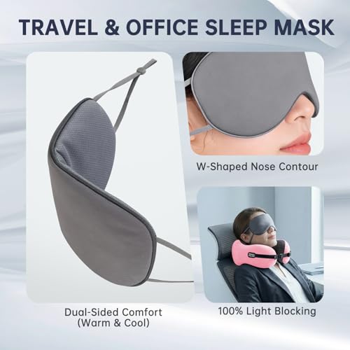 Image of Neck Pillow Travel Pillow - 100% Pure Memory Foam Airplane Pillow with Adjustable Clasp & Removable Cover, Portable Travel Essentials for Long Flights, Car & Office (Pink, with Eye Mask)