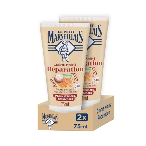 Le Petit Marseillais - Crème Mains Réparation Peaux Abîmées et Desséchées (lot de 2 tubes de 75 ml) – Crème réparatrice au beurre de karité, aloès et cire d'abeille – Soin des mains confort 24 h