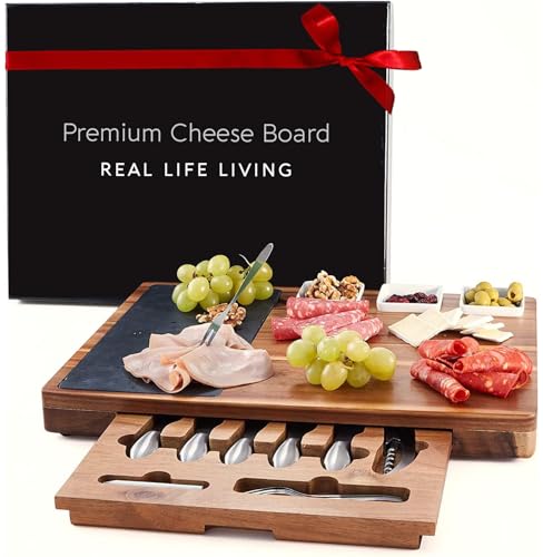 Premium Large Charcuterie Board Gift Set. Acacia Wood Luxury Cheese Board with Stainless Steel Knives, Slates and Bowls. Housewarming Gift, Wedding Gift for Couple, Bridal Shower Aperitif Board