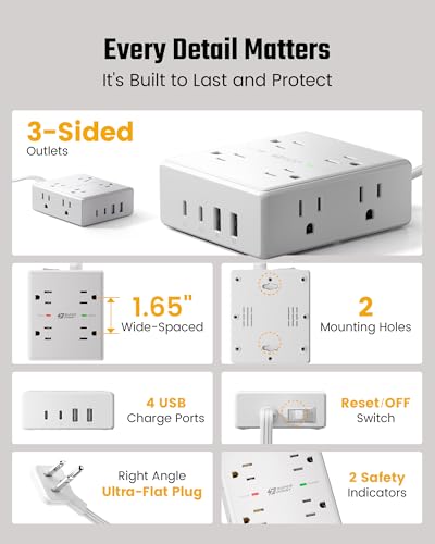 undefined 10Ft Extension Cord with Multiple Outlets, Flat Plug Surge Protector Power Strip 10 Ft Long Cord, 8 Outlets & 4 USB Ports (2 USB C), Desk Charging Station for Home Office, College Dorm Room Essentials の商品画像 7