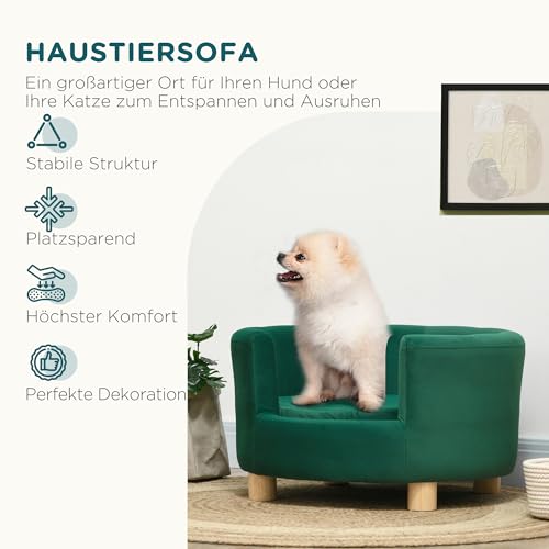 PawHut Hundesofa Hundecouch, Waschbarer Bezug, Haustiersofa mit Rückenlehne und Holzbeine, Katzensofa, für kleine Hunde unter 4,5 kg, Grün