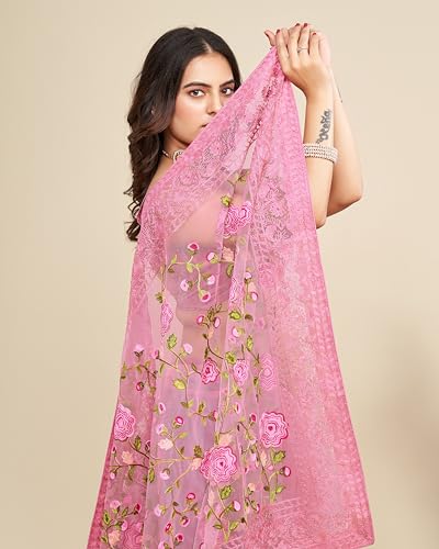 VAIRAGEE Women's Beautiful Soft Net Embroidery Saree With Unstitched Blouse 6079