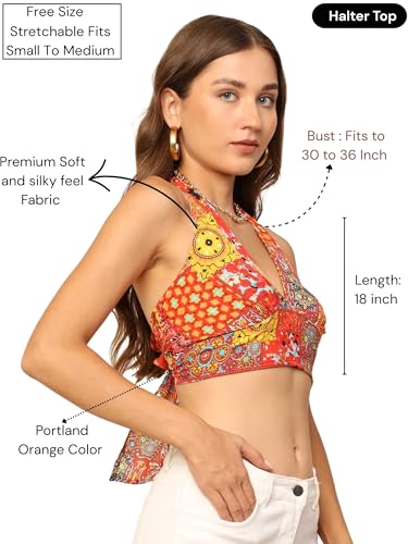Image of KE KANHA EXPORTS Halter Neck Wrap Top|top for Women|Backless Tops for Women|Halter Neck Tops|Adjustable wrap Waist|Boho Beach Border Print|Easily fits S-M|Bust30-36Inch|LengthUpTo 18Inch