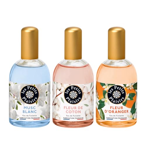 Les Petits Plaisirs – Lote de 3 – Eau de toilette Almizcle blanco, Flor de algodón y Flor de naranjo. Perfume mujer, Delicado y Envolvente. Colonia mujer, Fabricada en Francia. Frasco de 110ml