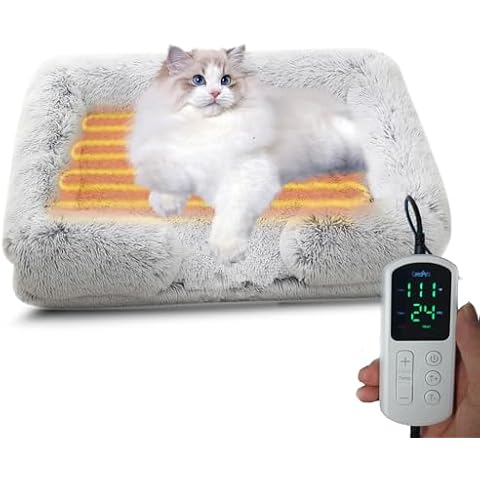 CAREDPETS Fluffy Heated Cat Bed Indoor w/ 12V Electric Heating Pad, Thermal Warming Heated Pet Bed with Adjustable Temperature & Timer Cover