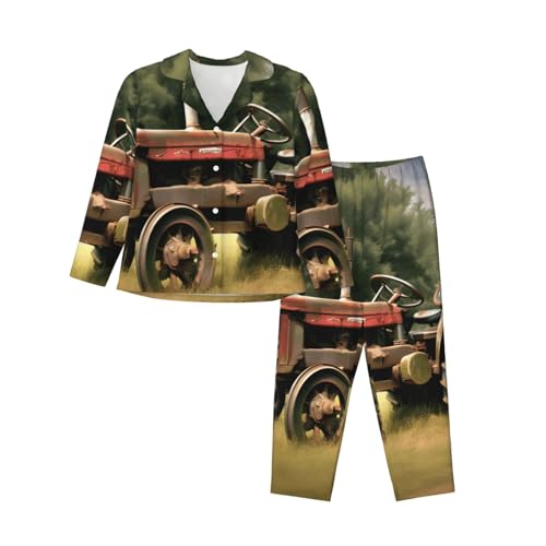 Pyjama 2 pièces pour femme vêtement de nuit manches longues imprimé tracteur