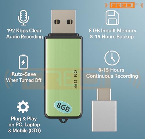 Image of FREDI HD PLUS USB Voice Recorder with 8GB Internal Memory | Clear Audio Recording Pen Drive | One-Switch Use | OTG Mobile File Playback Support | Portable Recorder for Classes, Office & Daily Notes