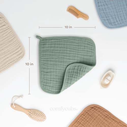 Image of Comfy Cubs Muslin Baby Washcloths 10 Pack - Soft 6-Layer Cotton Wash Cloths for Sensitive Skin - 10 inchx10 inch Large, Gentle, Absorbent Infant Essentials for Newborn and Toddlers - Fern