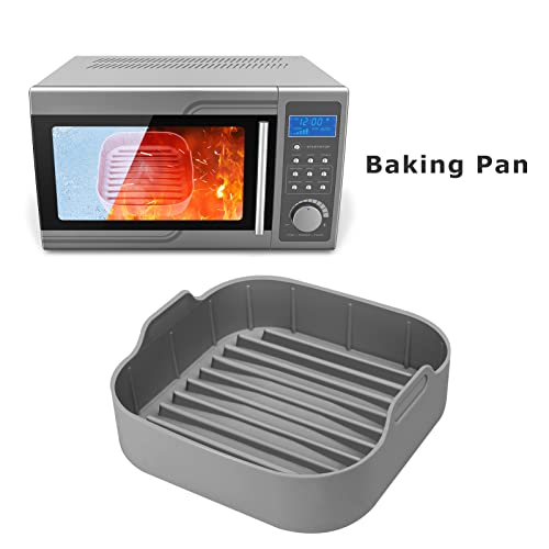 Image of Air Fryer Silicone Pot, 8 inch Air Fryers Oven Basket with Mitts, Replacement of Parchment Paper Liners for 6.5 QT or Bigger Square, Grey