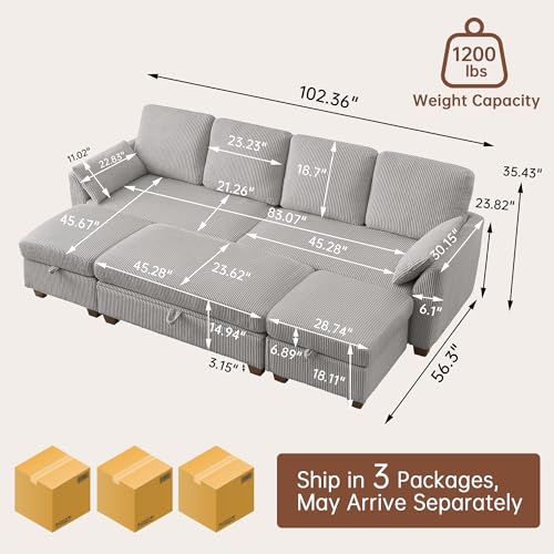 Image of Convertible Sectional Sofa with Storage Ottomans & Coffee Table, Modern Corduroy Fabric, U-Shaped Couch with Dual Ottomans Chaise & Long Bench, Sofa Set Couches for Living Room, Light Grey