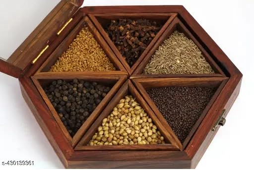 KAM Home - Porta spezie in legno e contenitore per spezie Masala Dabba con coperchio, 9 scomparti con coperchio in vetro