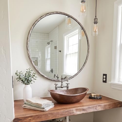 Image of ANDY STAR 36 Inch Hand-Forged Round Mirrors with Metal Frame, Silver Solid Steel Hammered Round Wall Mirrors, Antique Circle Mirror for Bathroom, Vanity, Metal Frame, Anti-Rust, Vintage