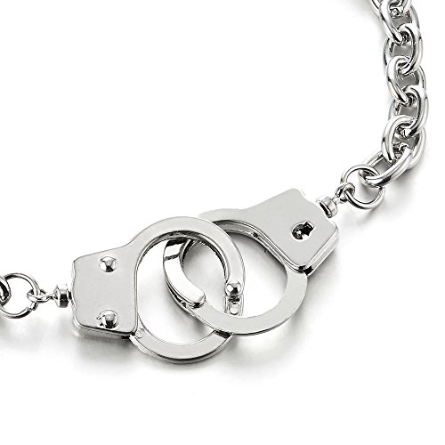 COOLSTEELANDBEYOND Mens Womens Link Chain Handcuff Necklace Silver Color, 27 inches Rope Chain, Punk Rock2