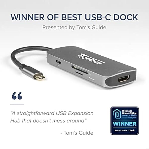 Plugable USB-C Hub 7-i-1, USB C-hubb kompatibel med Mac, Windows, Chromebook, USB4, Thunderbolt 4 och mer (4K HDMI, 3 USB 3.0, SD- och microSD-kortläsare, 87 W laddning)