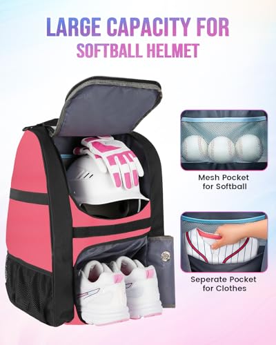 Image of MATEIN Softball Bag, Lightweight Baseball Backpack with Shoe Compartment, Baseball Bag with Fence Hook for TBall Bat & Equipment, Softball Gifts Catchers Backpack for Women Fit Catcher's Mitt, Helmet