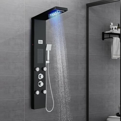 OUGOO LED Duschpaneel mit Armatur, Regen- & Wasserfall-Funktion Duschpaneele Komplett mit 2-Typ-Massagedüsen...