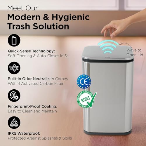 Image of Kuber Industries 15L Stainless Steel Automatic Touchless Motion Sensor Dustbin | Quick Open, Soft Close Lid Garbage Bin for Kitchen & Bathroom | Indoor & Outdoor Trash Can