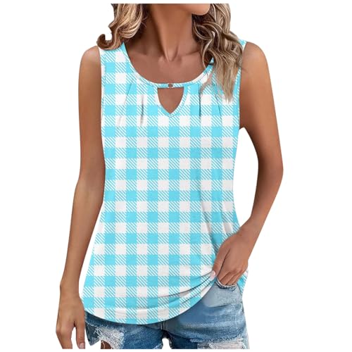 Womens Summer Tank Top Cute Loose Fit Dressy Plaid Casual Sleeveless Cami Tops Elegant Keyhole Ruched Work Shirts