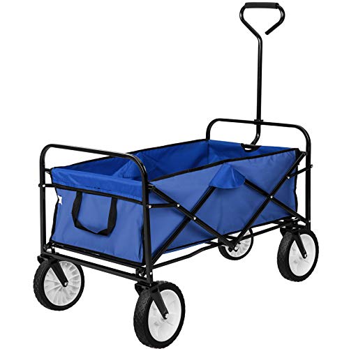 tectake® Faltbarer Bollerwagen, Bollerwagen klappbar mit Netztaschen, Transportwagen klappbar, Gartenwagen, Handwagen, Bollerwagen Strand, Bollerwagen faltbar breite Reifen drehbar - blau – Bild 4