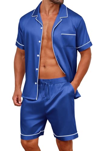 Vssjavun Mens Satin Silk Pajamas Sets Short Sleeve Button-Down Sleepwear Two Piece Loungewear with Pockets
