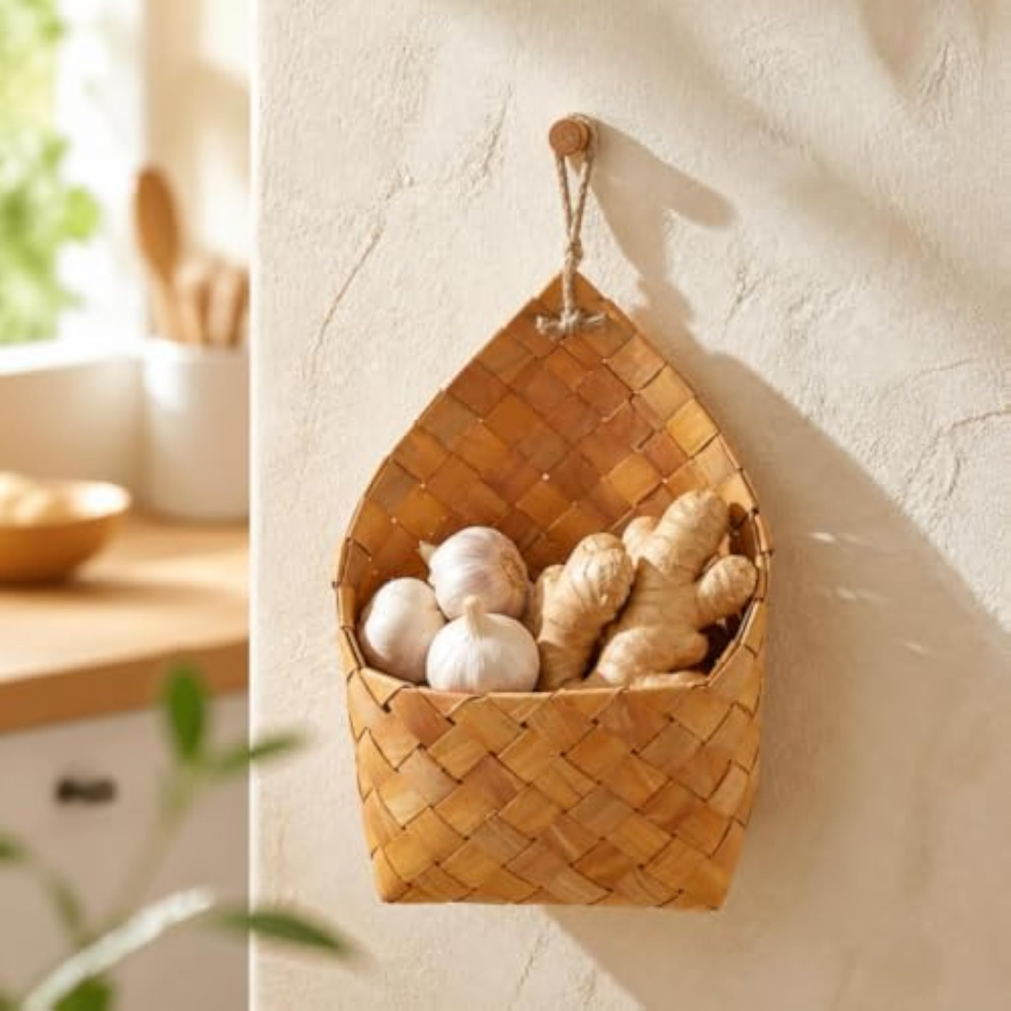 Rustic Wooden Wall-Hanging Storage Basket with Cord Loop