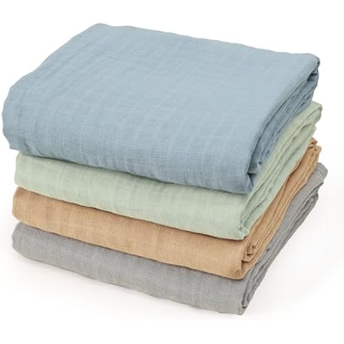 david's kids 4 Pack Baby Muslin Swaddle Blankets 47" x 47", 100% Cotton Swaddle Wrap for Boys Girls, Ultra Soft Breathable Receiving Blanket for Newborns, Dusty Blue & Sage Green & Grey & Sepia